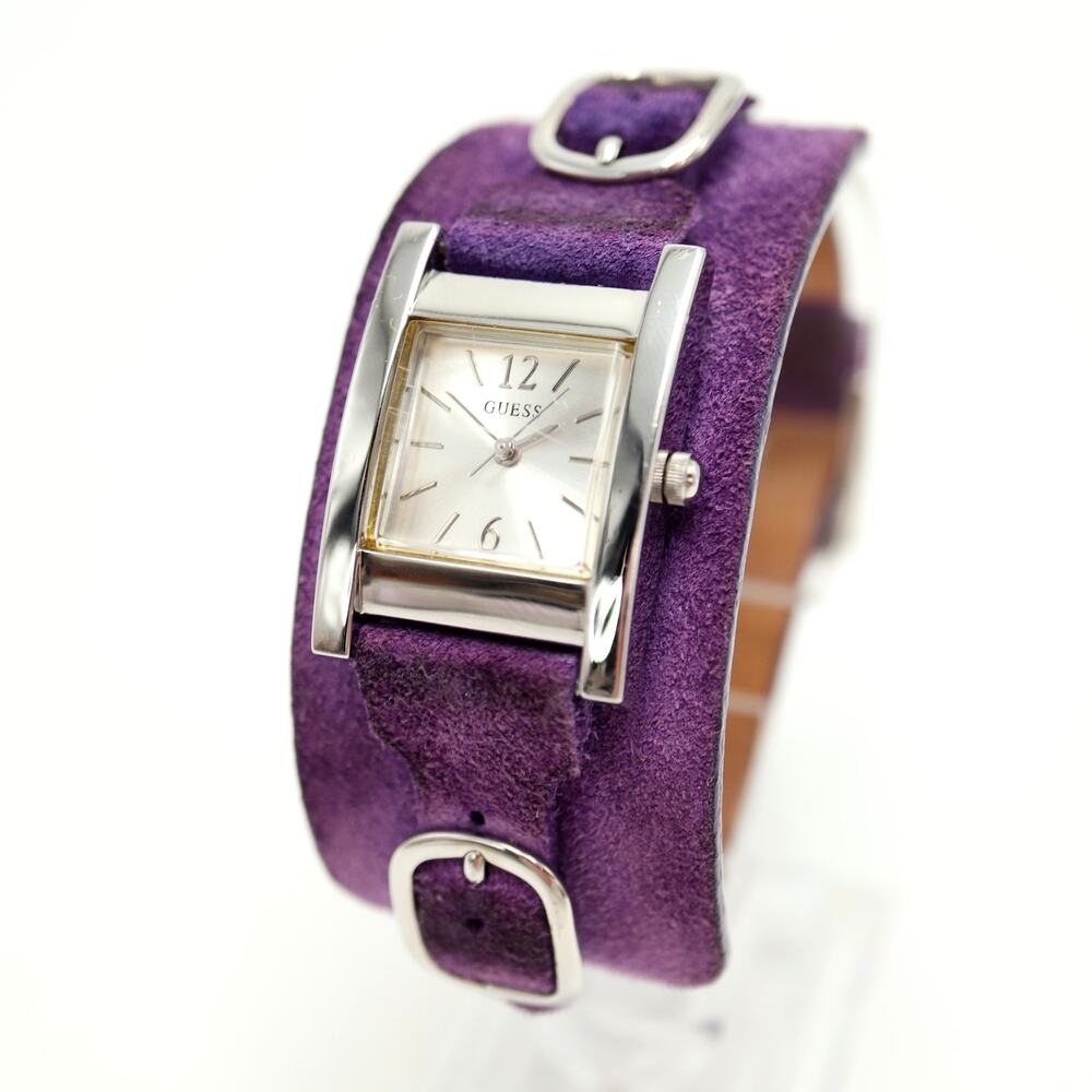 Guess Silver Tone Tank Womens 23mm Watch Purple Suede Leather w New Battery